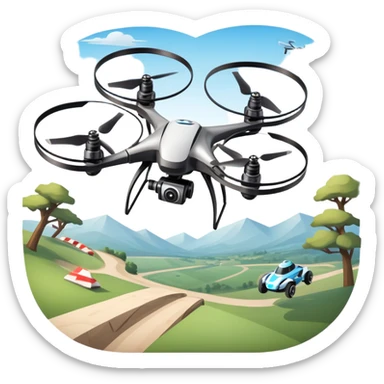 An icon showing a racing quadcopter drone in the foreground, flying at high speed through a course filled with obstacles and checkpoints. Other drones zoom in the background over a dynamic landscape. Transparent background highlights the thrill and precision of drone racing. sticker