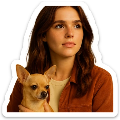 Portrait for Instagram profile picture inspired by the facial features visible in the reference images, with a tanned complexion, subtle freckles, wearing a shirt in color #FFF8CA and a rust-colored jacket, medium-length brown hair with auburn highlights, dreamy and inspired expression, holding a beige-brown chihuahua, in the style of a Netflix series, transparent background, intimate Tenerife ambiance. sticker