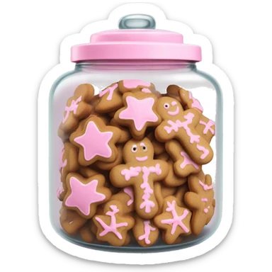Realistic glass cookie jar with light pink lid full of gingerbread cookies isolated.  sticker
