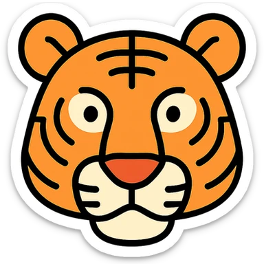stylized tiger head icon, large ears, curved snout, bold stripes, modern icon style sticker