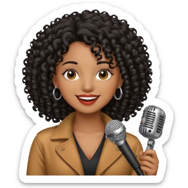 brown skin woman, curly black hair, singer, hold micro sticker