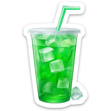 Realistic see through plastic cup and lid with half full Transluscent green soda,straw and large ice cubes inside. sticker