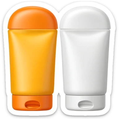 sleek squeezable tube with rounded flip-top cap, bright summer colors orange yellow white, compact slightly curved shape, outdoor use, clean matte surface, lotion or cream inside, no label, no hand, no extras, soft lighting, subtle shadows, emoji scale sticker