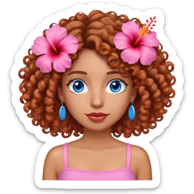 Emoji person with brown curly hair and blue eyes, wearing a light pink tube top with a orange and pink hibiscus in her hair sticker