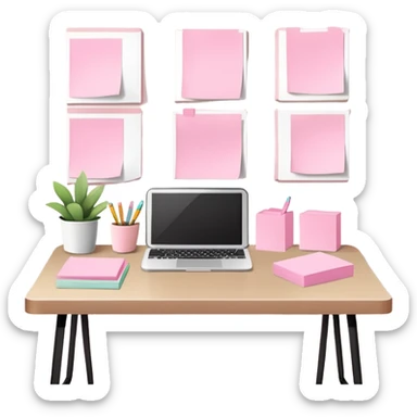 Study desk with pastel pink sticky notes on the wall, soft natural light sticker