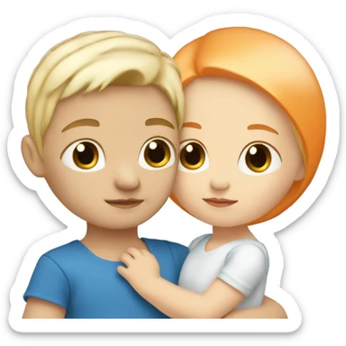 White orange hair girl wearing blue holding white blonde baby boy sticker