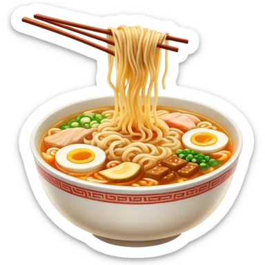 Cinematic Realistic Ramen Dish Emoji, showcasing a steaming bowl of rich broth with noodles and toppings rendered with dynamic textures and inviting, warm lighting. sticker