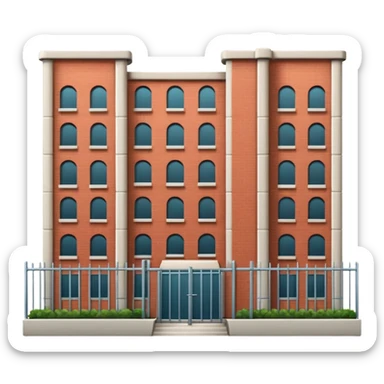 9-story apartment building surrounded by fence, closed courtyard, minimal flat vector icon sticker