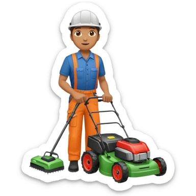 Maintenance worker
with full-body lawnmower sticker