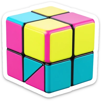 A 3x3 Rubik's Cube with radical 90s American color scheme, slightly twisted position, fluorescent colors, teal, hot pink, neon yellow, and purple sticker
