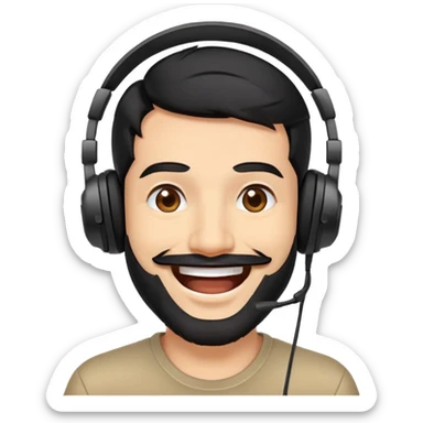 laughing man with black hair, brown eyes, black beard wearing gaming headset sticker