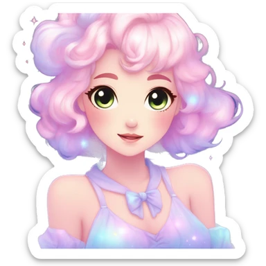 Gorgeous pastel anime style lady blushing nebula-gradient-sparkle face dreamy idol model colorful shiny stars galaxy kawaii cottagecore pearly petite simplistic aesthetic trending style sticker