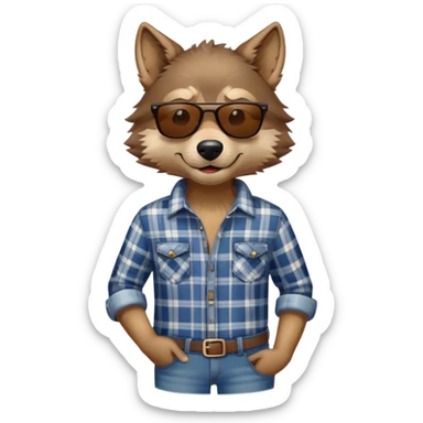 head and shoulders friendly brown-furred anthropomorphised wolf in plaid shirt and jeans, wearing dark sunglasses, relaxed pose sticker