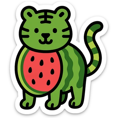 color outline icon style green tiger with watermelon body sticker