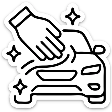 outlined icon of a gloved hand wearing a black glove on the hood of a luxury car, drops or sparkles, black as main color, white or silver accents, soft motion lines for cleaning, minimal and modern sticker