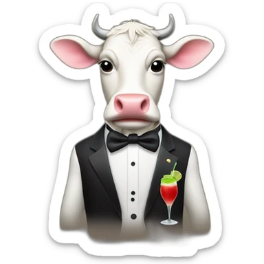 cow wearing a tuxedo holding a daiquiri sticker