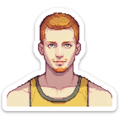 buzz cut redhead man in a yellow tank top, relaxed, modern illustration, plain background sticker