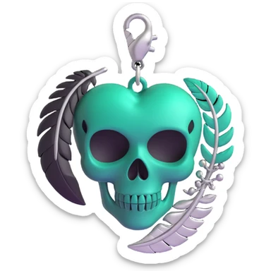3D emoji gothic heart, dark emerald glass, silver skull charm, feather accents, lush and gothic sticker