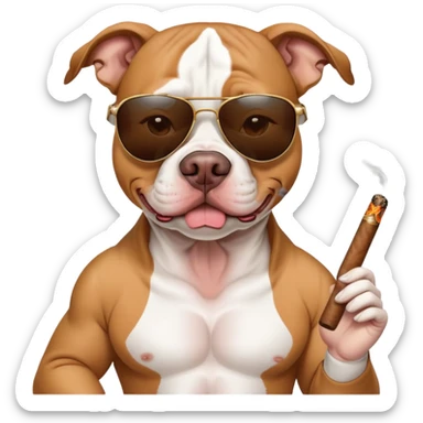 tan and white pitbull wearing sunglasses smoking a cigar sticker