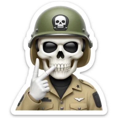 A bold emoji-style (bodyless) white skull wearing a realistic modern army helmet, making a shushing gesture (index finger bone held up to mouth area). Clean vector style,modern emoji aesthetic.The helmet has detailed realistic texture. sticker