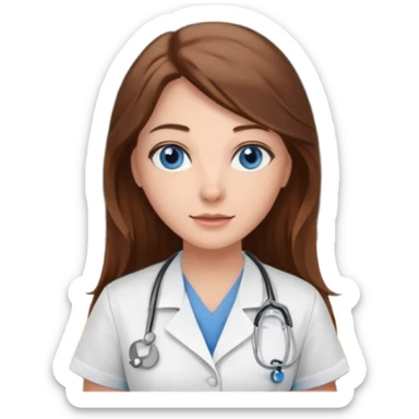 inside a classroom at university that says nursing school on the board with a pretty female nursing student with long brown hair, blue eyes sticker