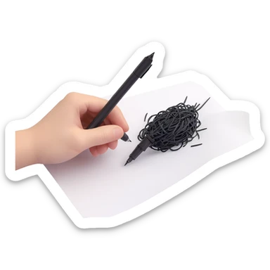A hand holding a pen, aggressively scribbling on a piece of paper. The pen is clearly visible. The paper is filled with random black scribbles, so dense that most of it looks nearly black sticker