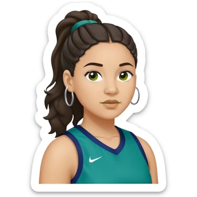  plus size light skin latino women basketball player with wavy dark hair in pony tail flat wide nose wearing blue green  uniform sticker