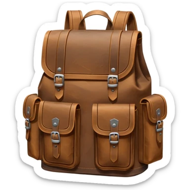 A sturdy, weathered leather backpack with metal-reinforced flaps and deep, practical pockets. Scratched and rugged from long travel, it has a solid, utilitarian look—built for harsh roads and hard use. sticker