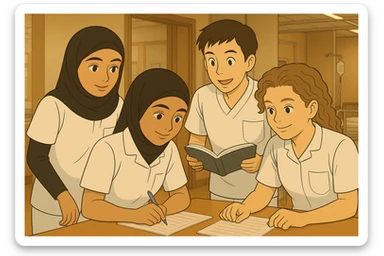 Personnaliser les quatre étudiants infirmiers en intérieur, style Ghibli, en utilisant les visages des quatre photos fournies, tenues blanches à manches courtes, tuniques médicales col en V, poche poitrine à gauche, pas de pied de col, pas de stéthoscopes, avant-bras nus, cheveux longs attachés pour celles qui en ont. Ambiance chaleureuse et collaborative. sticker