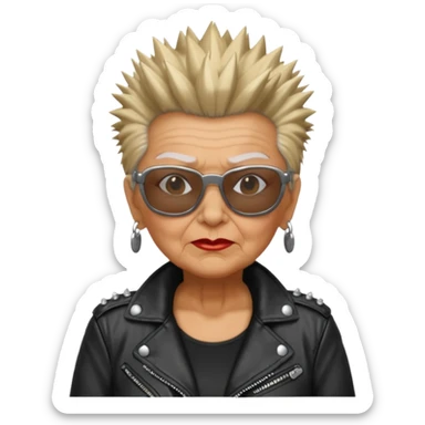 A punk grandma with a leather jacket, spiked hair, and sunglasses sticker