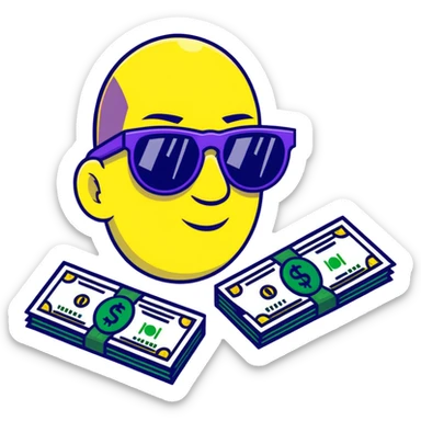 yellow face with green money signs for eyes, wearing slightly transparent black sunglasses, money symbols on face sticker