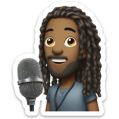 a mixed-race man with dreadlocks talking into a microphone sticker