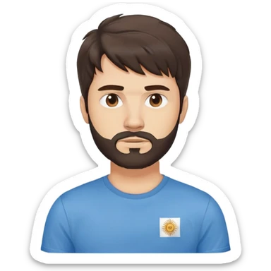 Argentine male with longer wavy dark brown hair reaching shoulders, wavy bangs, short complete beard, serious neutral face, wearing plain blue t-shirt sticker