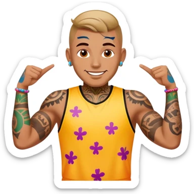 man with bold face tattoos, happy face, wearing a colorful jersey sticker