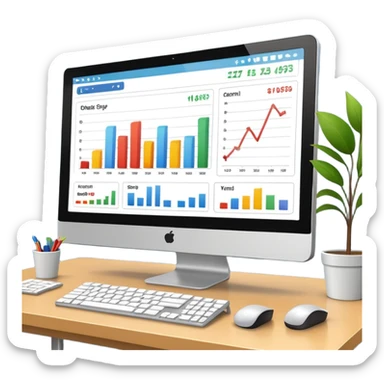 Create a modern desktop computer displaying financial charts and analytics dashboards on the screen. sticker