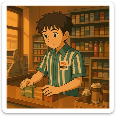The same anime boy character from the reference image, wearing a 7/11 convenience store work uniform, working inside the store. He is behind the counter or arranging items on shelves, with a warm, gentle evening-lit Studio Ghibli style interior. sticker