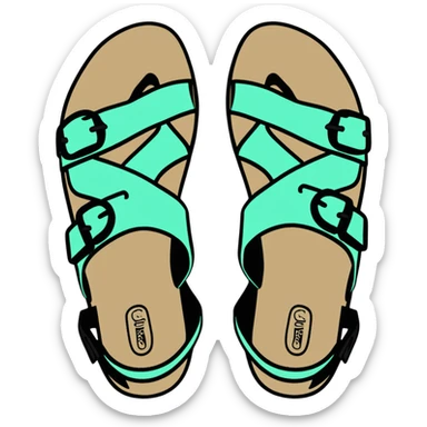 Chaco sandal with toe loop, black footbed, light blue and light green straps sticker