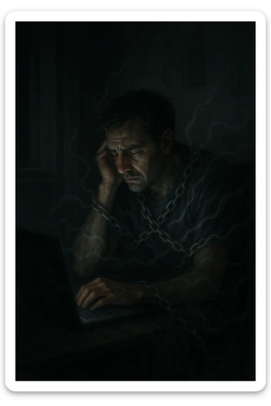 a man sits alone in a dimly lit room at night, illuminated only by the glow of a computer or phone screen. His posture is slouched, and his expression is tired and troubled. Around him, faint, ghostly chains or shadows subtly wrap around his body, symbolizing addiction and emotional distress. The background is blurred, emphasizing isolation and discomfort. in italiano sticker