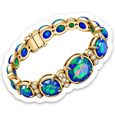 Van Cleef, ultra detailed, vivid, bold, sparkling black opal gemstones and 2k diamonds, 14k gold bracelet sticker
