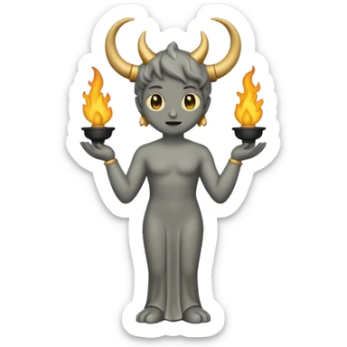 Minimalist emoji-style sticker of a full-body Oscar-like statue in matte gray-gold, with small horns  and faint flames at the base, all in black and muted hues sticker
