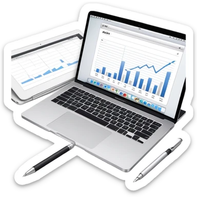 top view of a MacBook, open notebook with visible handwritten bar charts, and pen beside them sticker