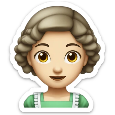 Maid with white skin, brown eyes and hair and an m shaped bang on her head with green headdress sticker
