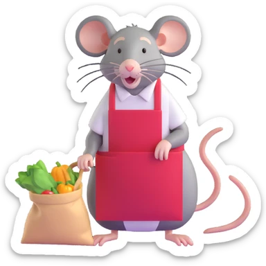 tired rat wearing apron bagging groceries sticker
