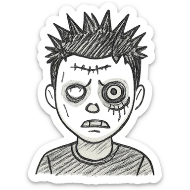 Add more zombie details such as greenish skin, visible stitches, and a scar. Keep the spiky black emo hair and black shirt. No background. sticker