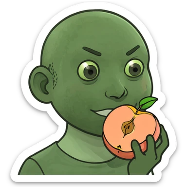 Pale white boy holding a peach sticker