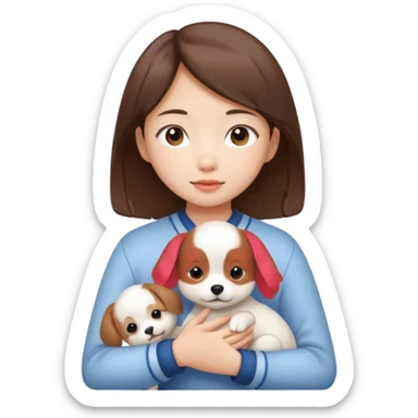 a asian japanese girl with brown hair and no bangs. she is holding a cute white puppy sticker