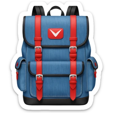 a blue denim backpack with a flap top, two vertical black buckle straps on the front. The backpack has two side pockets and a soft square shape. at front pocket bottom side, red and white two divided logo 

 sticker