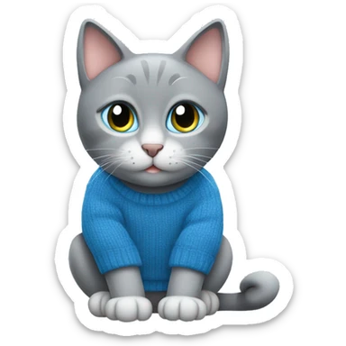 sitting grey cat blue eyes blue sweater  sticker