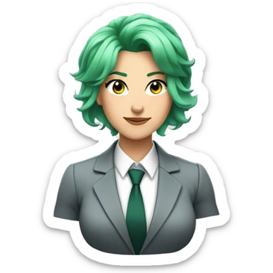 A muscular white woman with green hair and an anime face wearing a business suit sticker
