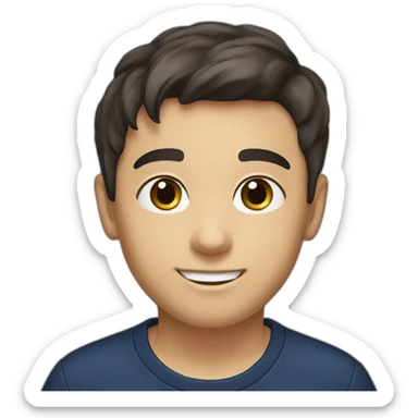 Young boy, with dark hair and brown eyes, without a beard, smiling and with a computer. Dressed in a long-sleeved navy blue shirt, without a front pocket. sticker